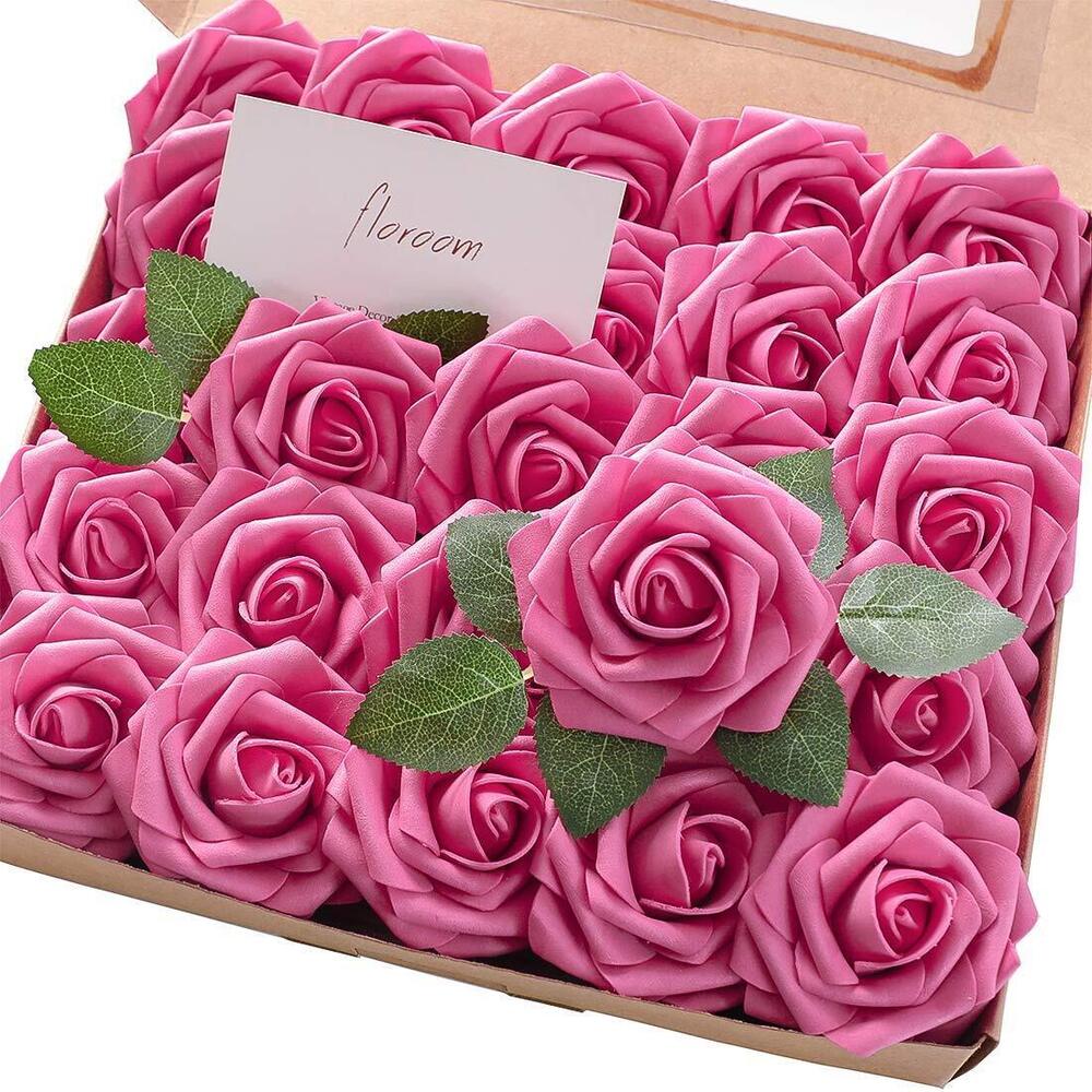3120 Artificial Flowers 50pcs Real Looking Hot Pink Foam Roses with Stems